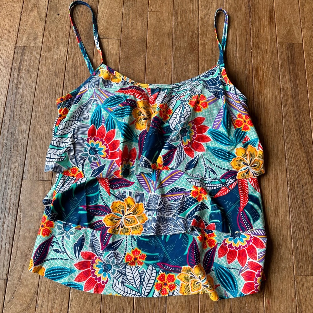 Caribbean Joe Tankini Swim Top Women 12 Tiered Ruffle Floral Multicolor Tropical